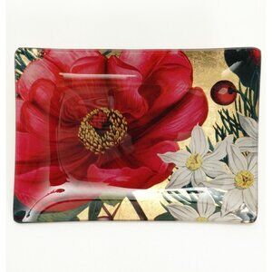 FRINGE STUDIO Glass Trinket / Soap Dish  Floral Red Poppy Gold Tone